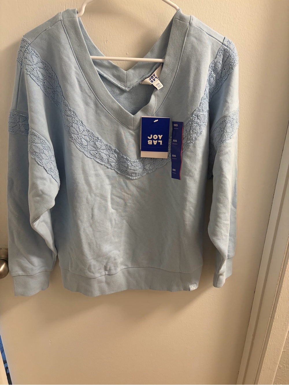 JoyLab NWT Light Blue Lace Trim V-Neck Sweatshirt Size XXS